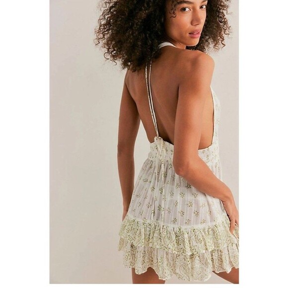 Intimately Free People Happy Hour Mini Slip Womens XL Ivory Green Tiered Smocked - Picture 13 of 15